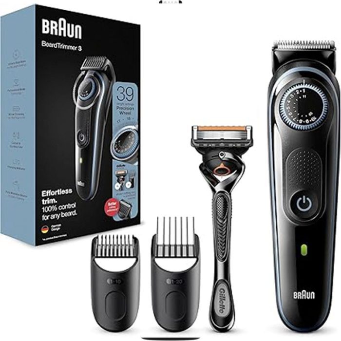 Braun Men's Beard Trimmer Series 3 & Hair Clippers with Gillette Fusion5 ProGlide Razor, 39 Length Settings, UK 2 Pin Plug, BT3240, Black/Blue