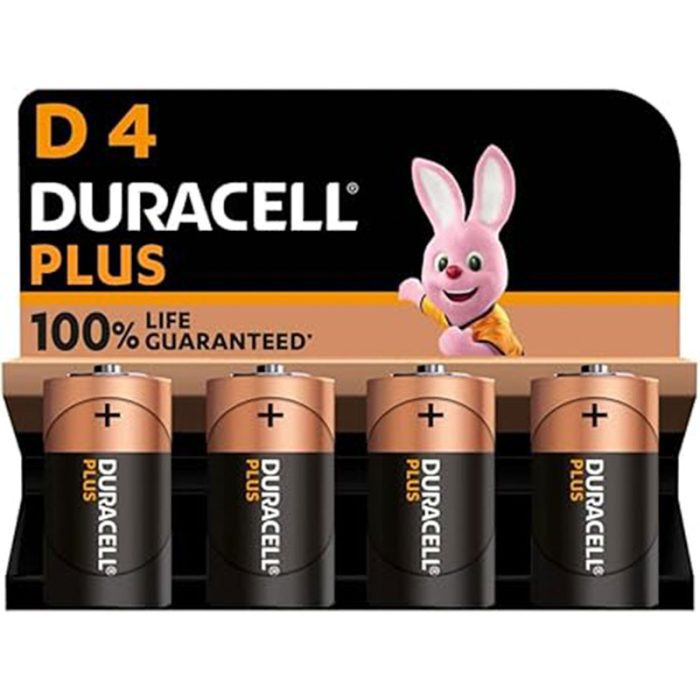 Duracell Plus D Batteries (4 Pack) - Alkaline 1.5V - 100% Life Guaranteed - Reliability For Everyday Devices - 0% Plastic Packaging - 10 Year Storage - LR20 MN1300