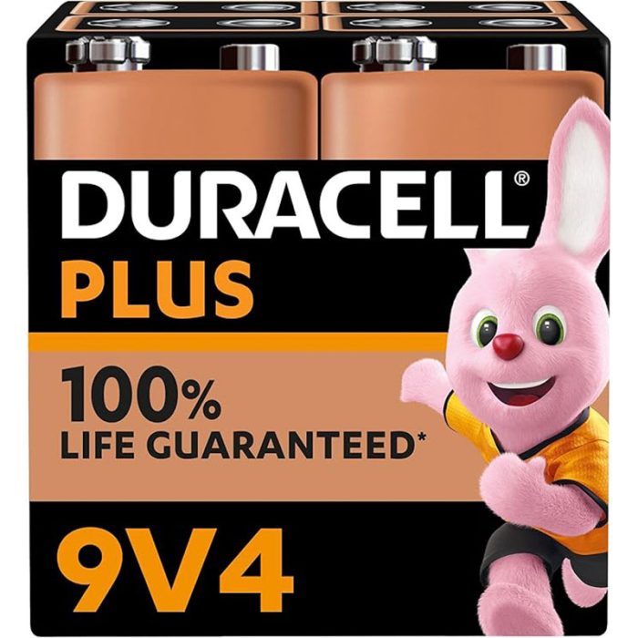 Duracell Plus 9V Batteries (4 Pack) - Alkaline - 100% Life Guarenteed - Reliability For Everyday Devices - 0% Plastic Packaging - 5 Year Storage - 6LR61 MN1604