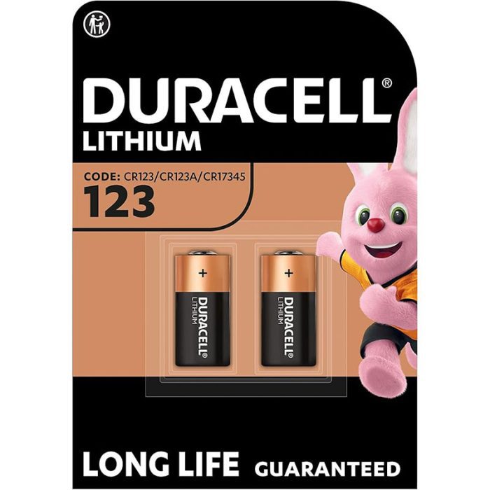 DURACELL CR123 (2 Pack) high power lithium battery 3V (CR123A / CR17345) Long life guaranteed – For use in Cameras, Flashlights, Smoke Detectors and Other Small Electronic Devices–10 Years In-Storage