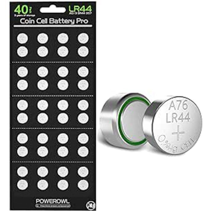 POWEROWL 40 x LR44 Batteries, High Capacity AG13 357 303 SR44 L1154F A76 Premium Alkaline Battery 1.5V Button Coin Cell Batteries