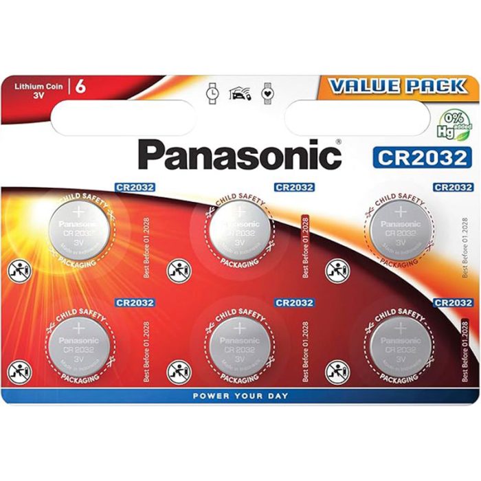 Panasonic CR2032 Lithium 3 Volt Battery card of 6