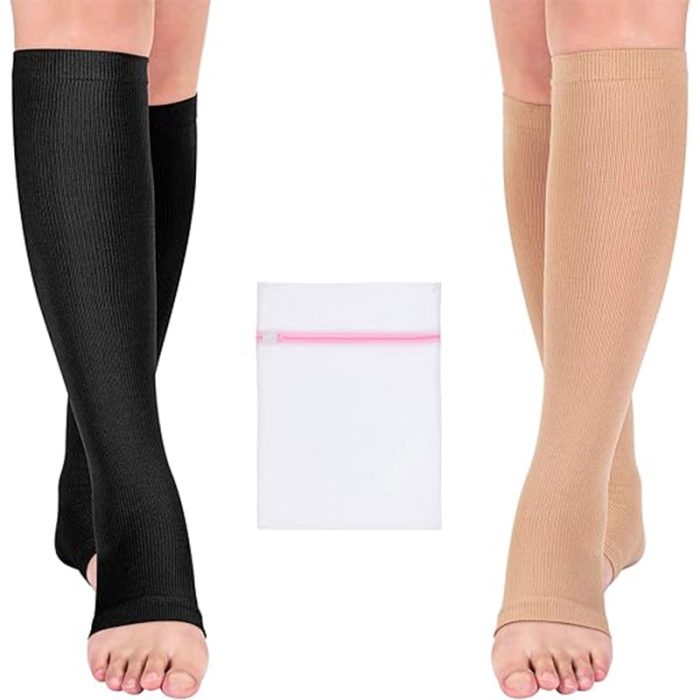 Open Toe Medical Compression Socks for Women & Men Flight Running Pregnancy Travel Work Varicose Veins S/M/L/XL/XXL (2 Pair) with Laundry Bag