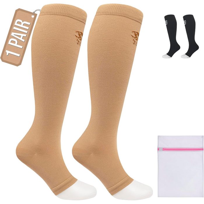 360 Relief 1 Pair Compression Socks for Women & Men - Open Toe Graduated Compression Stockings, Flight Socks, Running, Nurses, Maternity, Pregnancy, L/XL, Beige + Laundry Bag