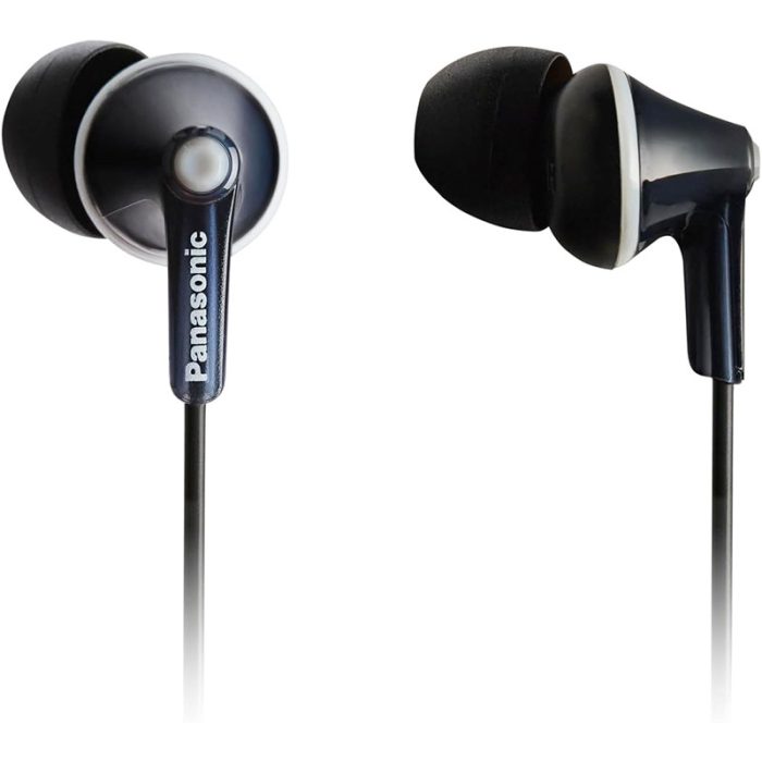 Panasonic RP-HJE125-K, 3.5mm ErgoFit Wired Earbuds, Noise Isolating In-Ear Stereo Earphones, Dynamic Clear Sound, Ergonomic Custom-Fit Earpieces (S/M/L), Large 9mm Driver, Long cord, No Mic - Black