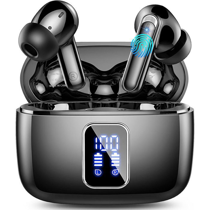 Wireless Earbuds, Bluetooth 5.3 Headphones Wireless with 4 ENC Noise Cancelling Mic, Ear buds Bluetooth Earphones HiFi Stereo Deep Bass, 40H Playtime, IP7 Waterproof, USB-C Charge, LED Display, Black