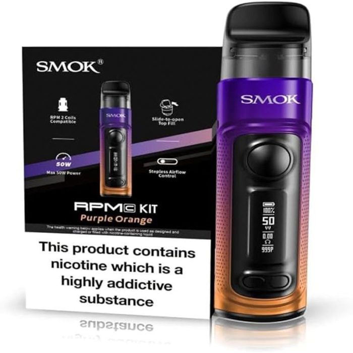 Smok RPM C Vape Starter Pod Kit 1650mAh Integrated Battery 50W Adjustable Airflow 2X RPM 2 Coils No Nicotine (Purple Orange)